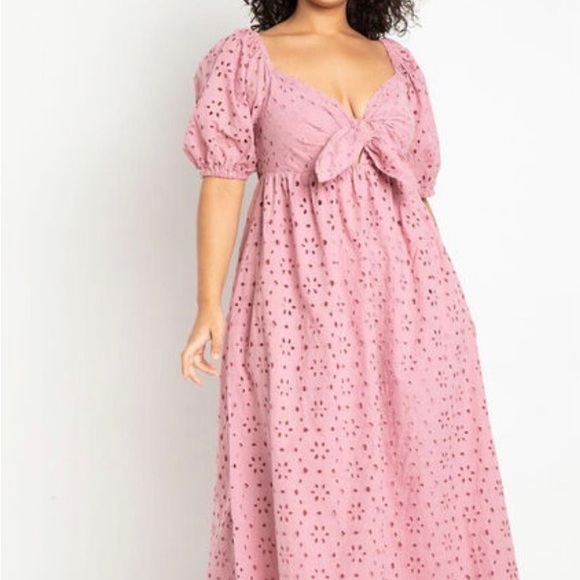 Eloquii Eyelet Tie Front Maxi Dress in Mauve Pink Sizes 22 and 28 - Picture 3 of 5
